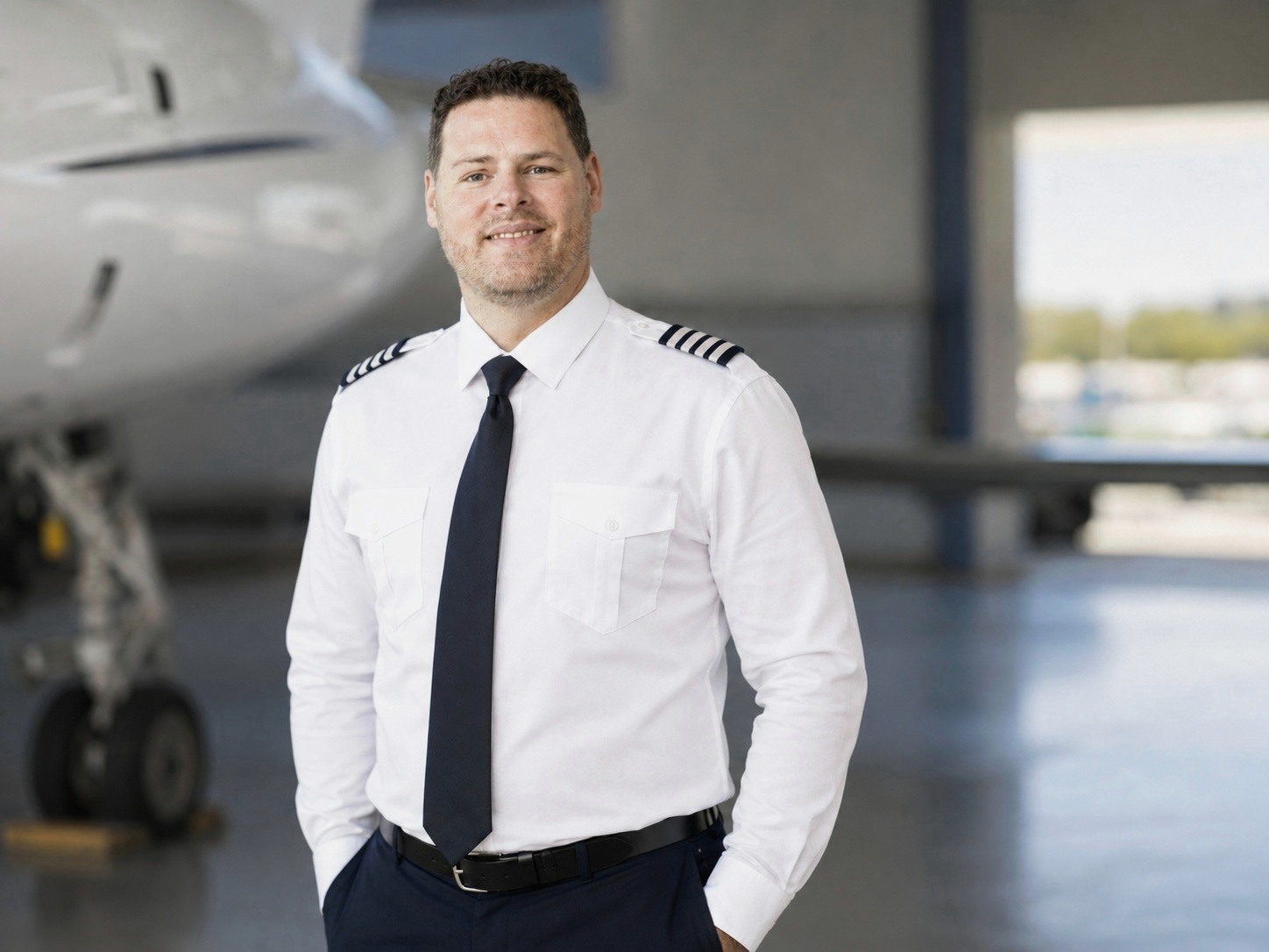 Christopher Snedeker in pilot uniform in an aircraft hangar